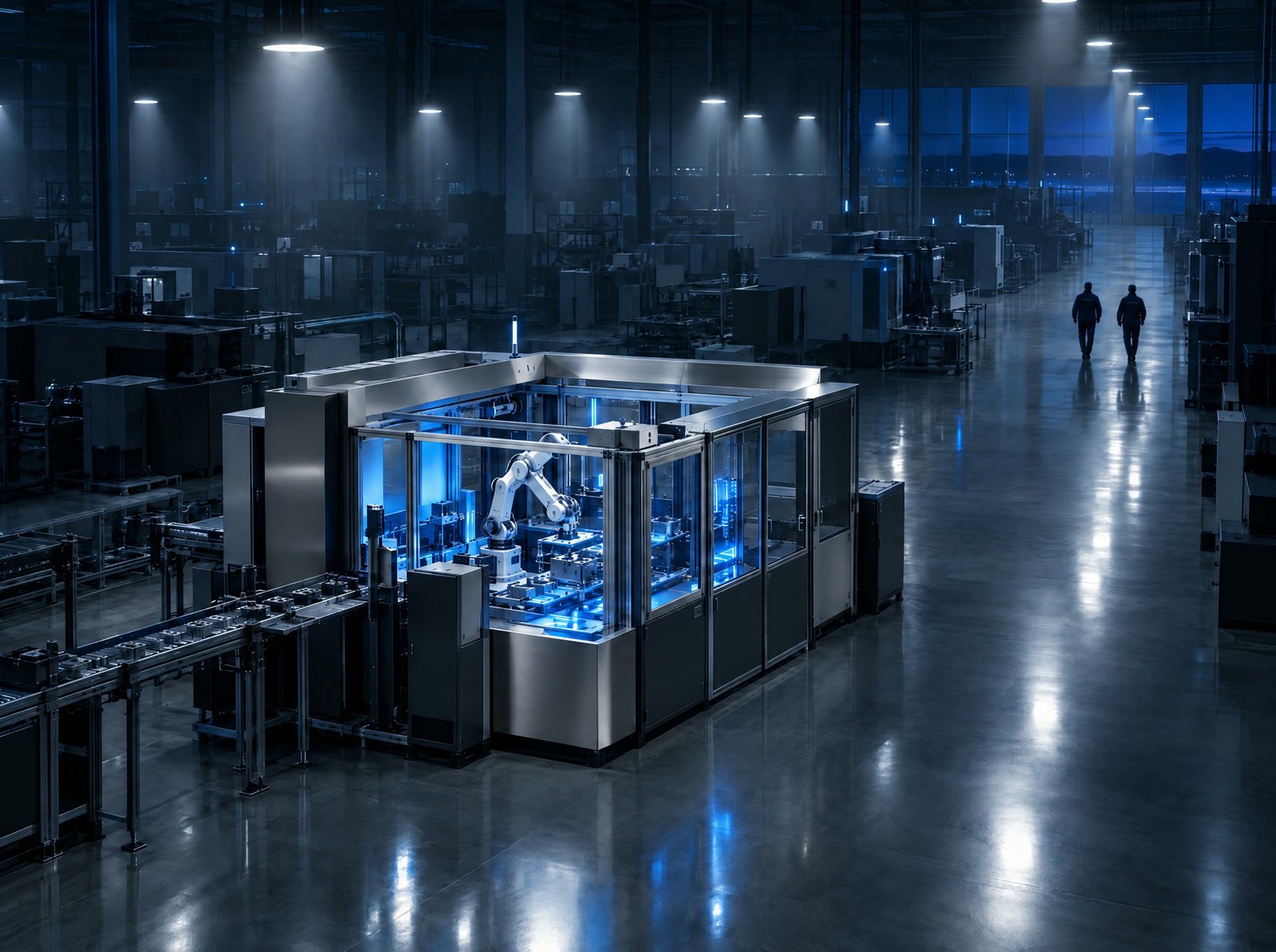 An automation cell installed on a factory floor, glowing softly, ready for production.