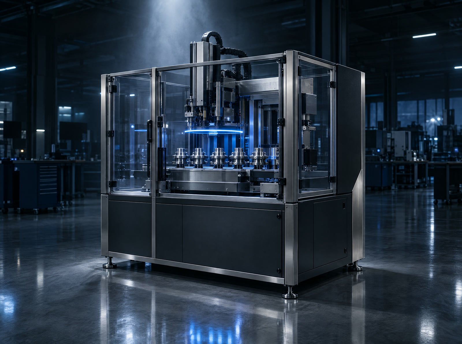 A finished automation machine running a test in a clean, dark workshop.