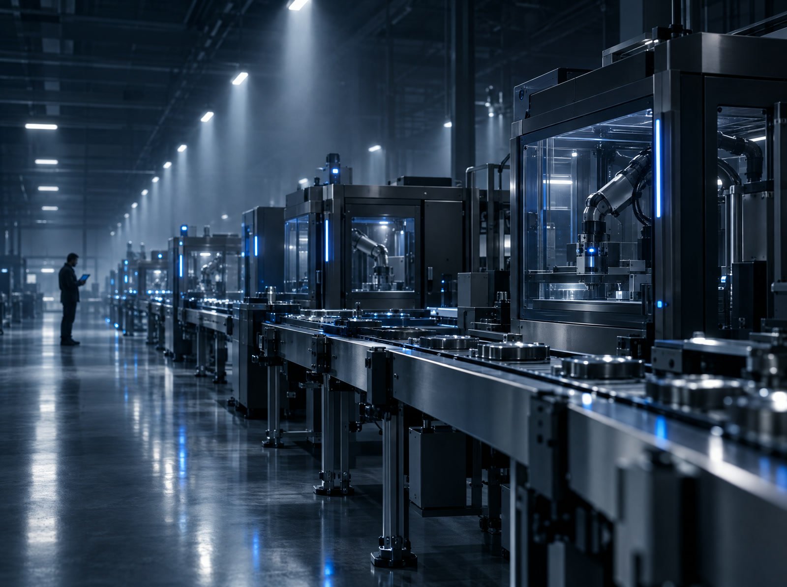 An engineer walks a factory line at dusk, studying the machines under cool light.